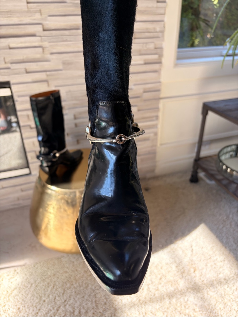 Donald J. Pliner Black Mid-Calf Leather and Cowhide Heeled Boots - Picture 5 of 10